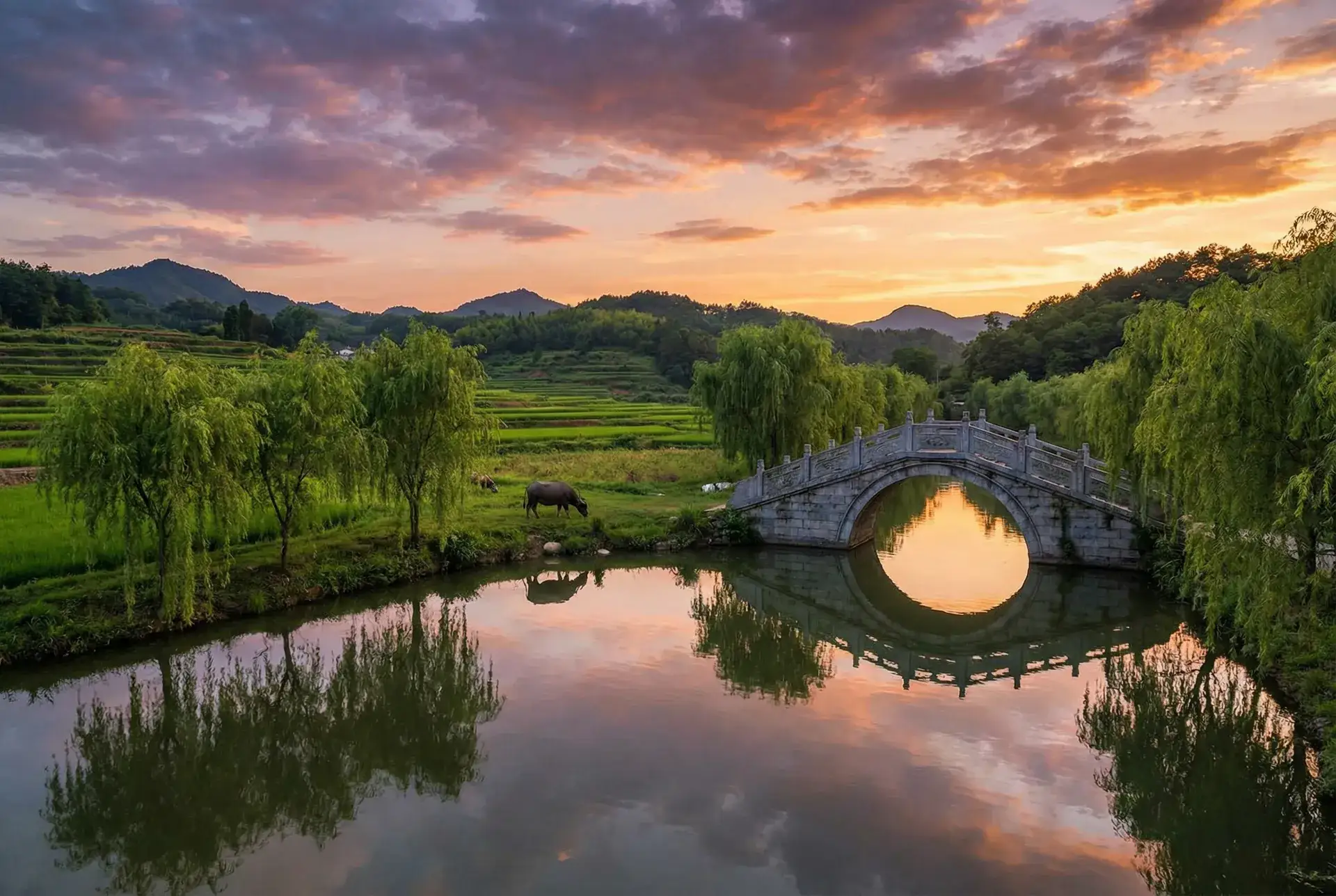 夕阳下的石拱桥与垂柳，水牛在河边吃草 - 晚上睡不着偷偷看B站大全 乡村美景